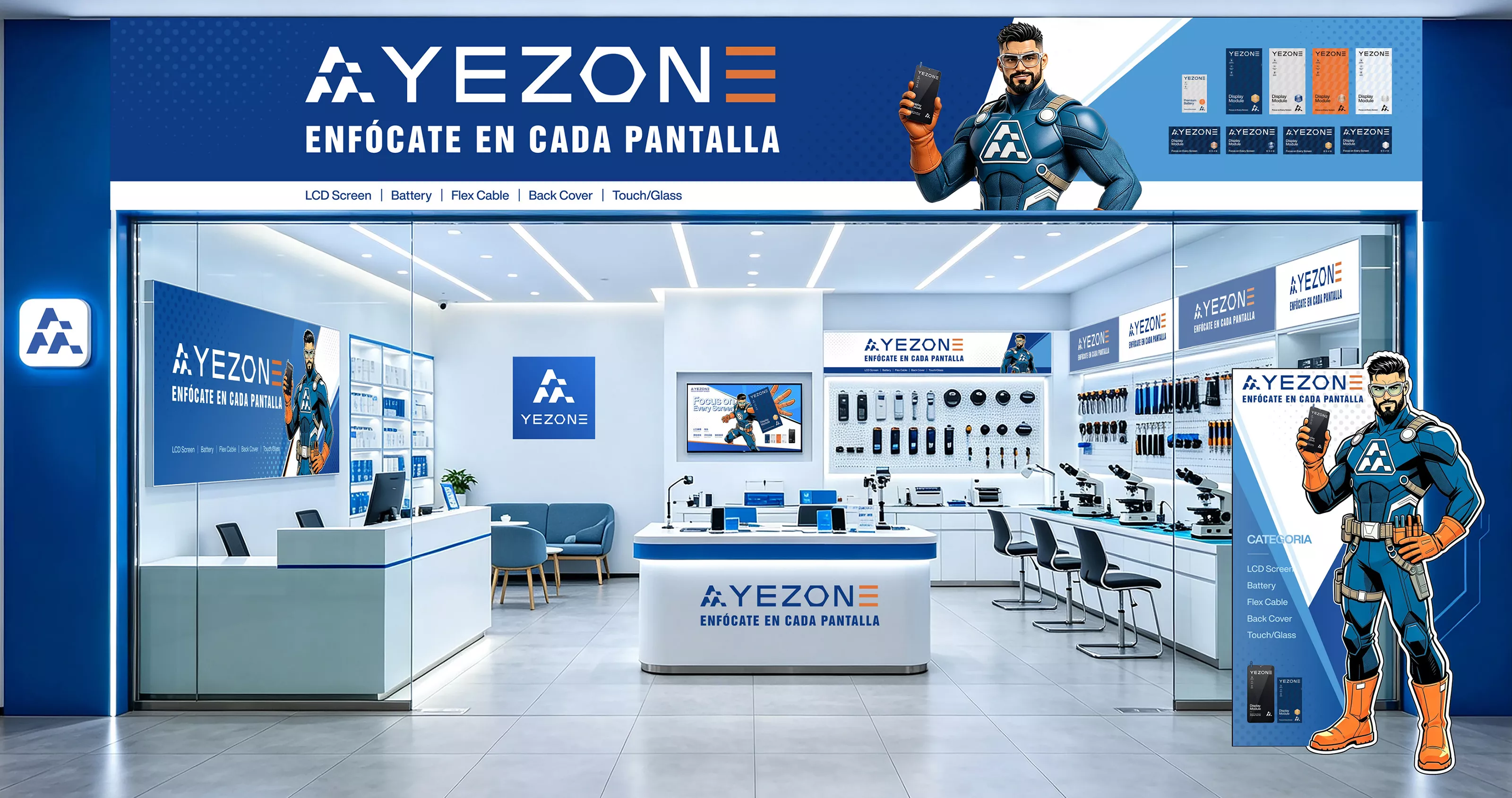 Yezone mobile repair parts store interior, showcasing LCD screens, batteries and repair tools